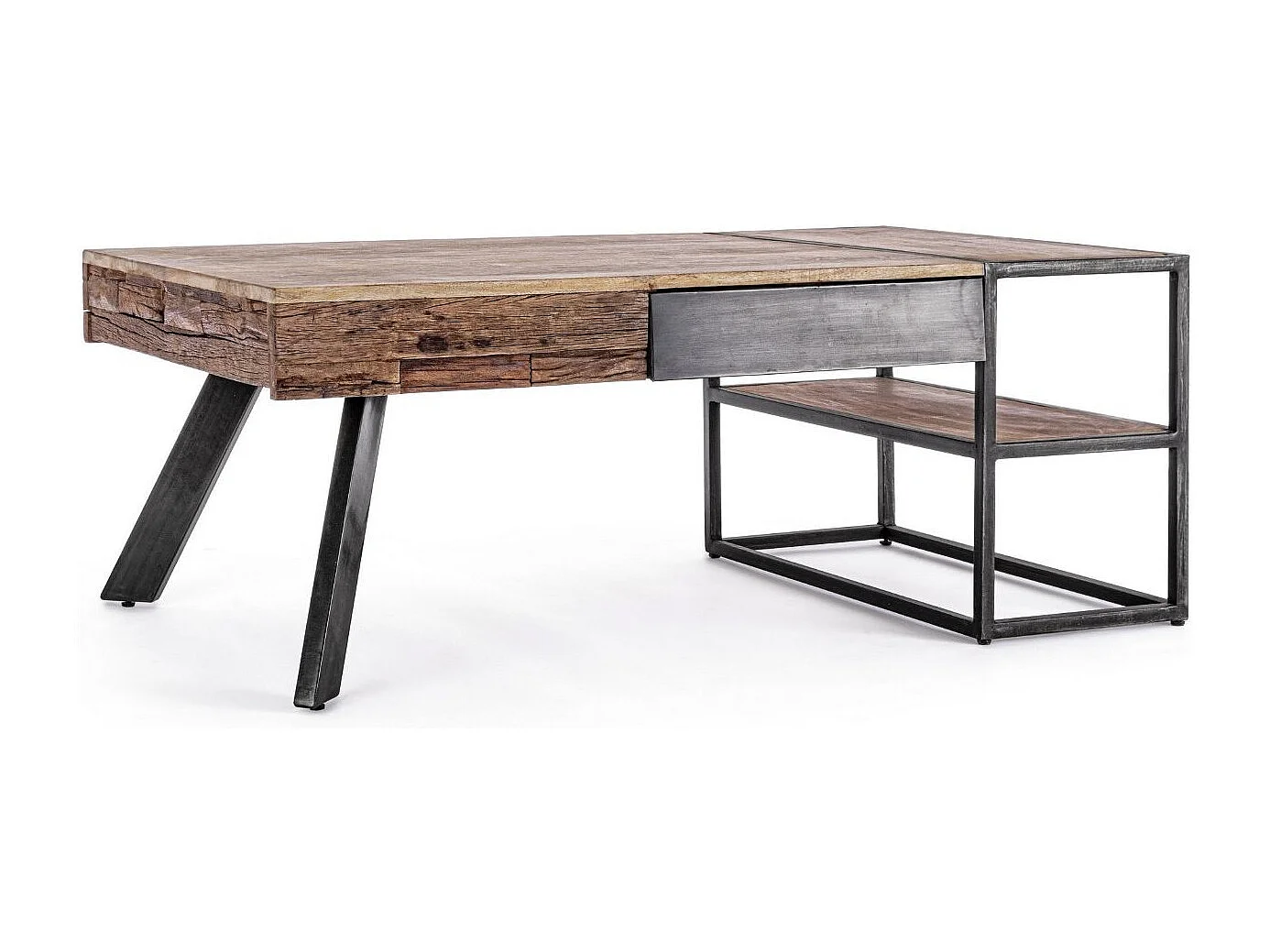 Table basse industrielle 1 tiroir bois de manguier recyclé et acier noir Kramer 118cm