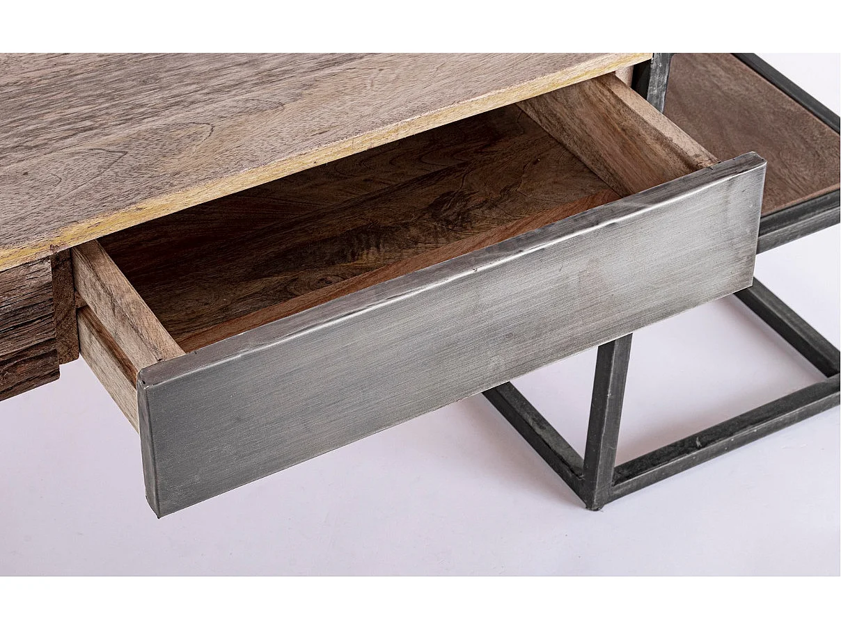 Table basse industrielle 1 tiroir bois de manguier recyclé et acier noir Kramer 118cm