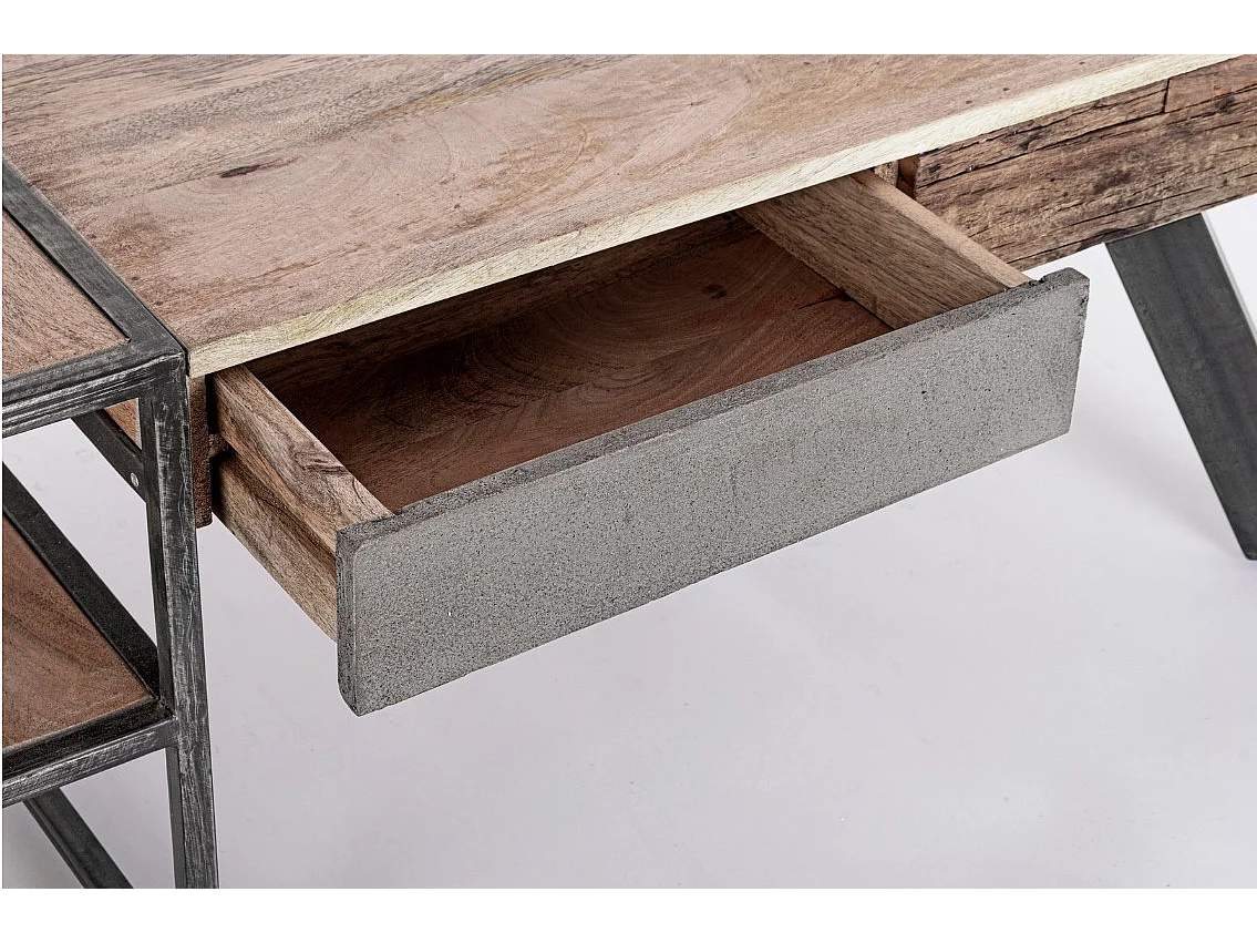 Table basse industrielle 1 tiroir bois de manguier recyclé et acier noir Kramer 118cm