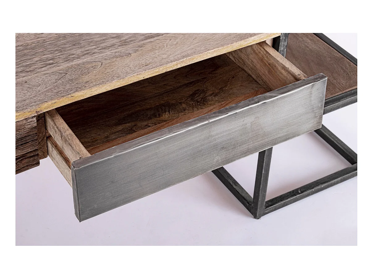 Table basse industrielle 1 tiroir bois de manguier recyclé et acier noir Kramer 118cm