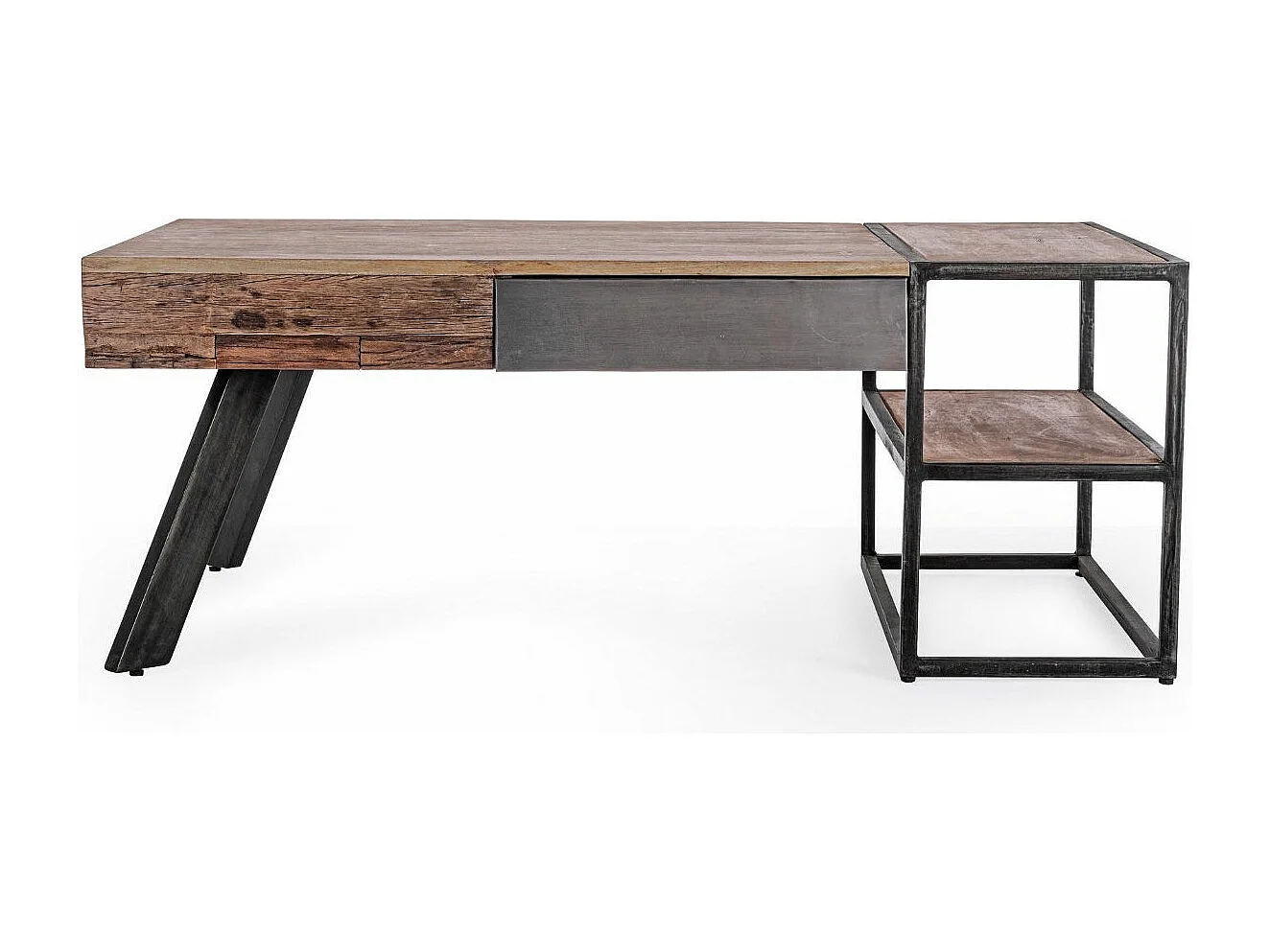 Table basse industrielle 1 tiroir bois de manguier recyclé et acier noir Kramer 118cm