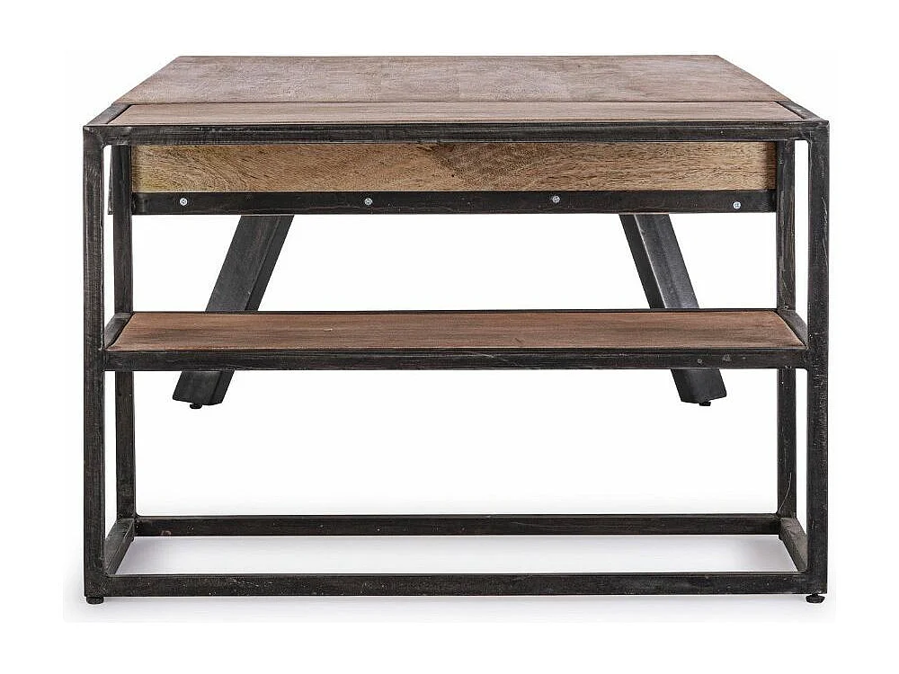 Table basse industrielle 1 tiroir bois de manguier recyclé et acier noir Kramer 118cm