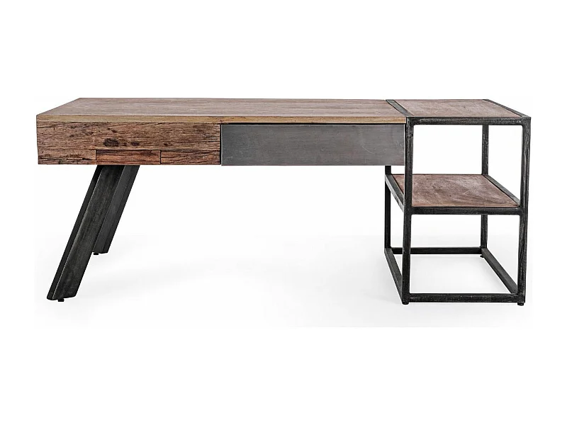 Table basse industrielle 1 tiroir bois de manguier recyclé et acier noir Kramer 118cm