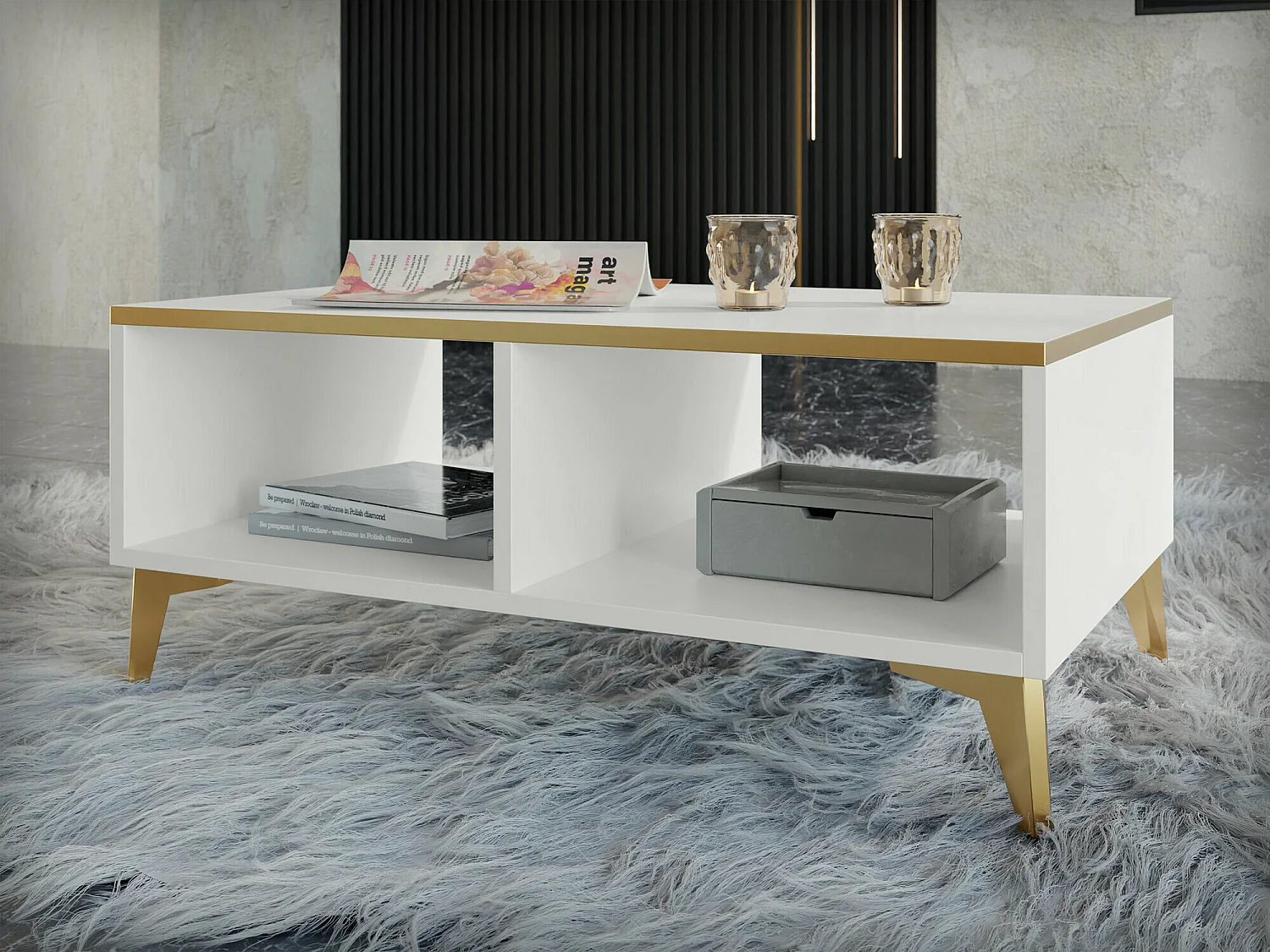 Tavolino da caffè Comfivo AD104, D'oro|Bianco, 40x50x100cm, Truciolare laminato, Angolare