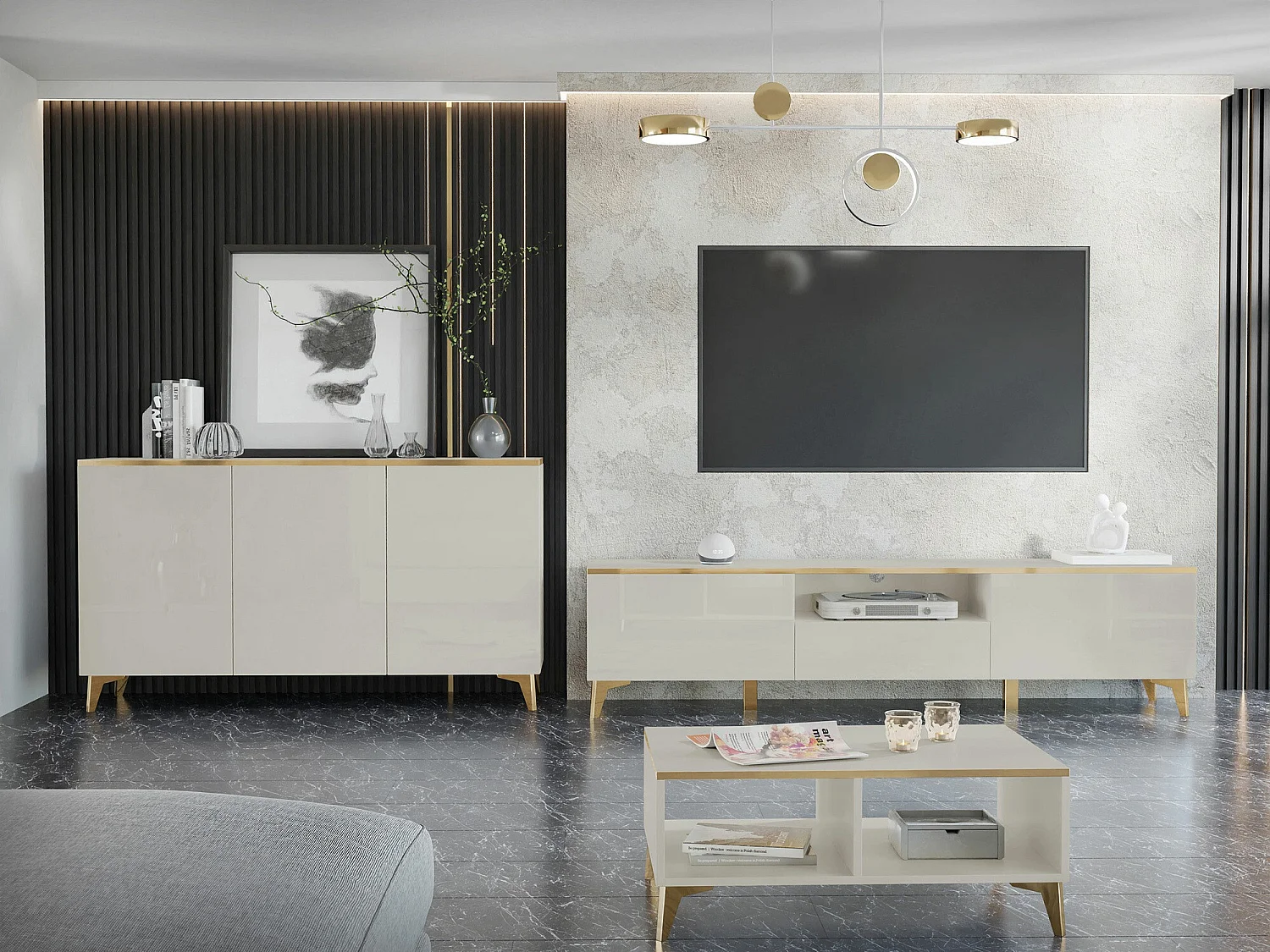Tavolino da caffè Comfivo AD104, D'oro|Bianco, 40x50x100cm, Truciolare laminato, Angolare