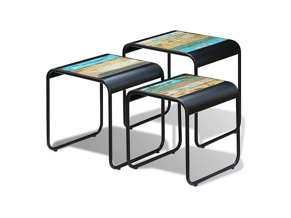 Set de 3 tables gigognes bois de récupération et métal noir Fadu