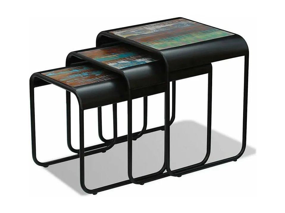 Set de 3 tables gigognes bois de récupération et métal noir Fadu