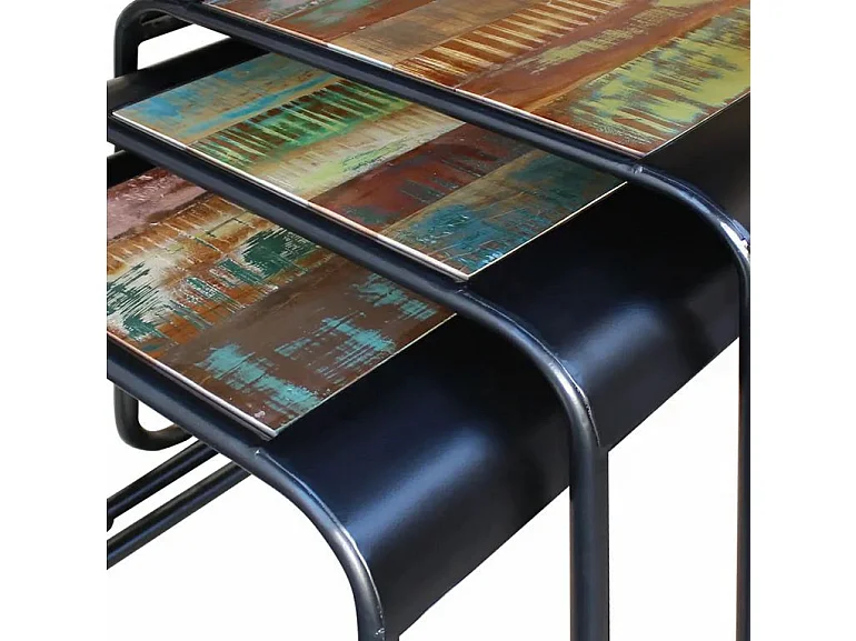 Set de 3 tables gigognes bois de récupération et métal noir Fadu