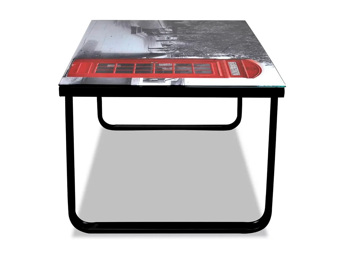 Table basse rectangulaire verre imprimé cabine téléphonique et métal noir Rainbow