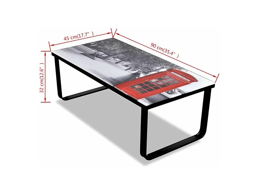 Table basse rectangulaire verre imprimé cabine téléphonique et métal noir Rainbow