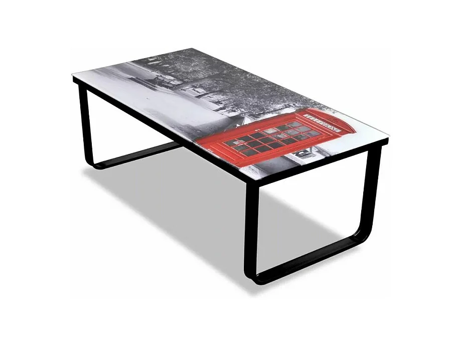 Table basse rectangulaire verre imprimé cabine téléphonique et métal noir Rainbow