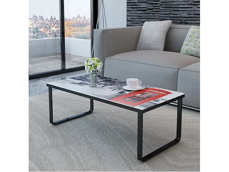 Table basse rectangulaire verre imprimé cabine téléphonique et métal noir Rainbow