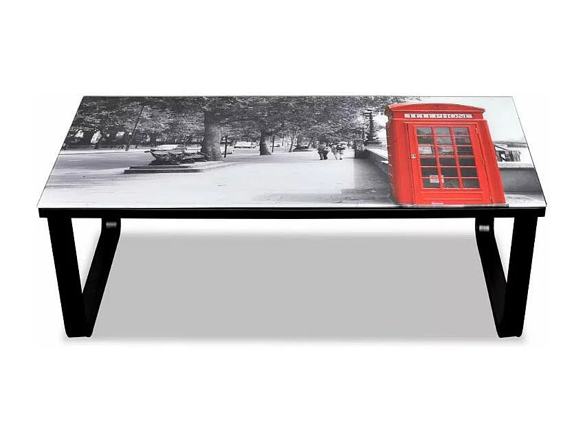 Table basse rectangulaire verre imprimé cabine téléphonique et métal noir Rainbow