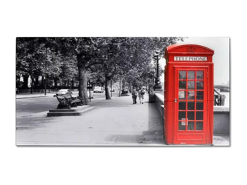 Table basse rectangulaire verre imprimé cabine téléphonique et métal noir Rainbow