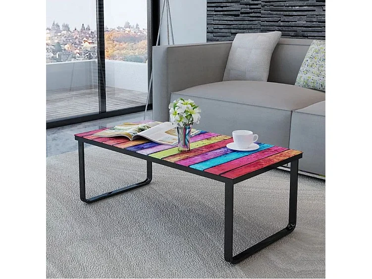 Table basse rectangulaire verre arc en ciel et métal noir Rainbow