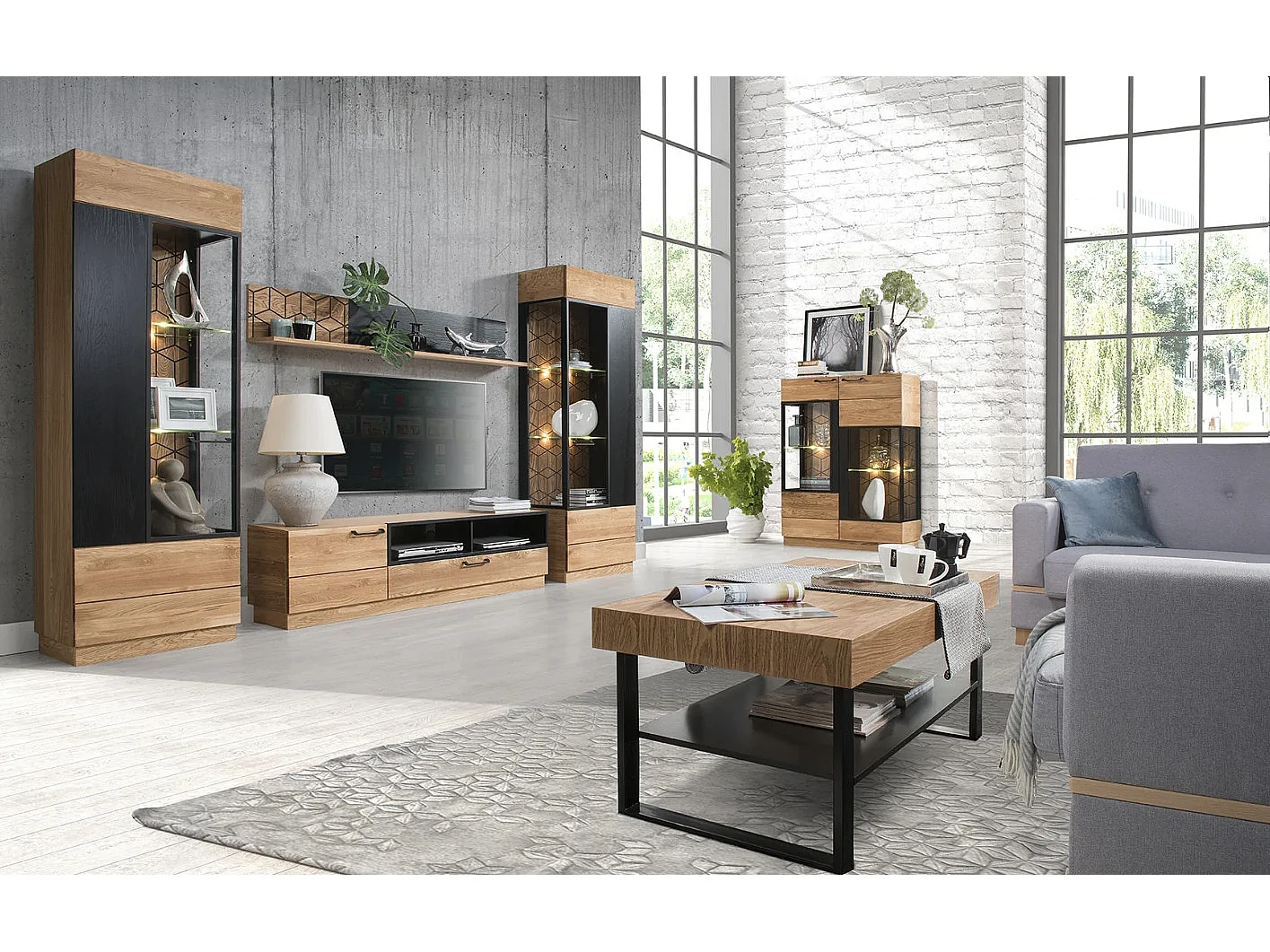 Table basse en bois de chêne miel et acier noir Mazora 110cm