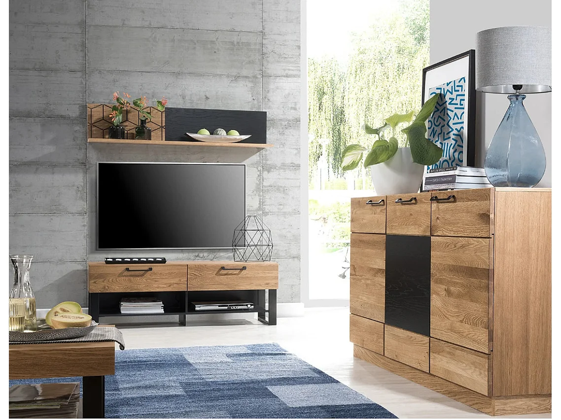 Table basse en bois de chêne miel et acier noir Mazora 110cm