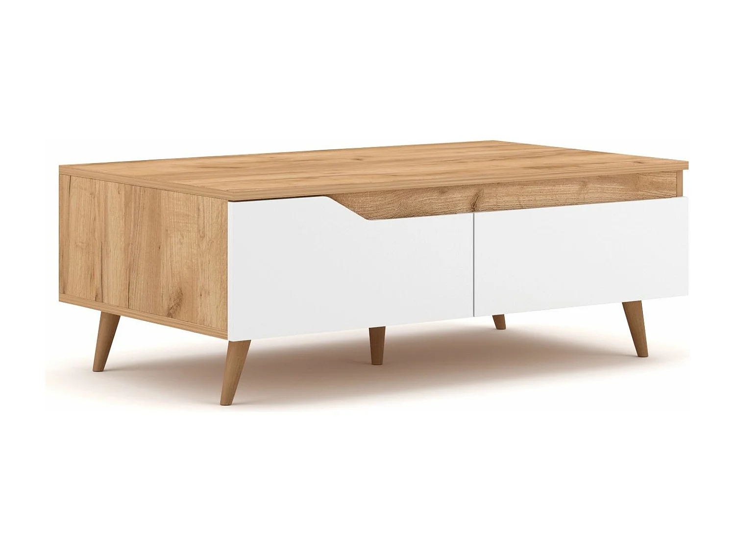 Table basse 2 tiroirs 1 niche bois naturel et blanc mat Dulce 100cm