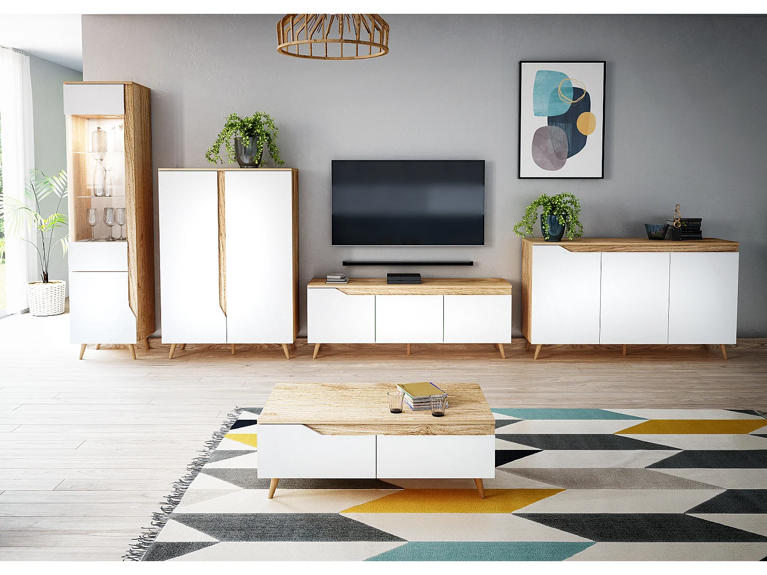 Table basse 2 tiroirs 1 niche bois naturel et blanc mat Dulce 100cm