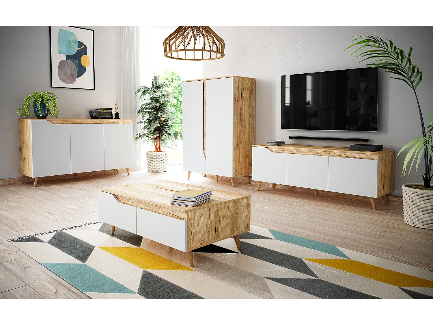 Table basse 2 tiroirs 1 niche bois naturel et blanc mat Dulce 100cm