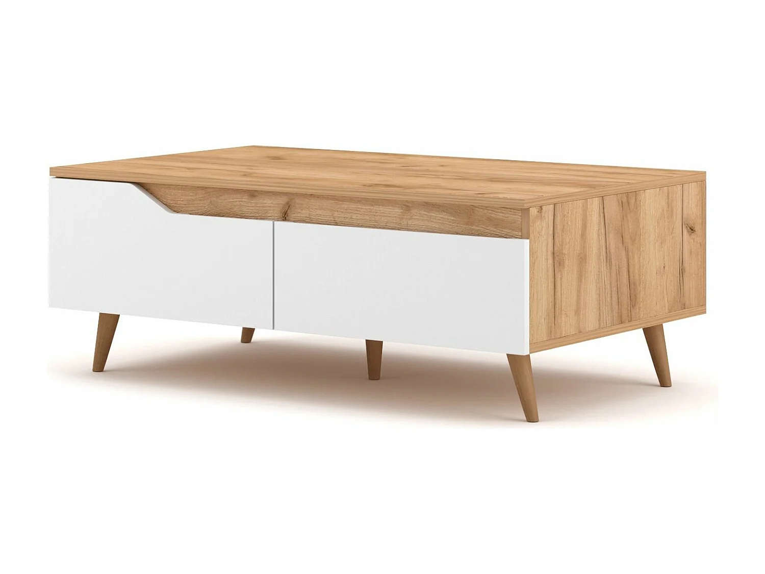 Table basse 2 tiroirs 1 niche bois naturel et blanc mat Dulce 100cm