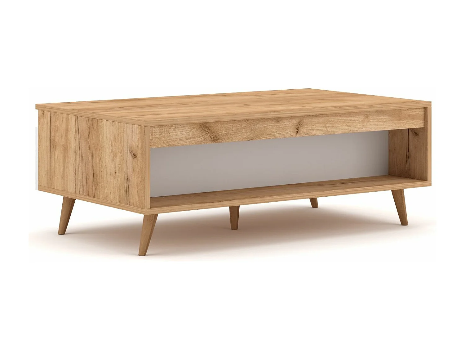 Table basse 2 tiroirs 1 niche bois naturel et blanc mat Dulce 100cm