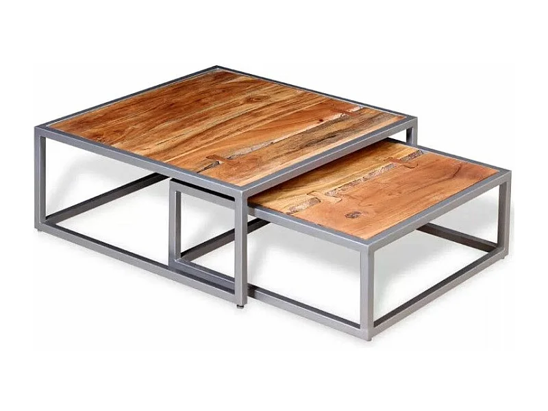 Table basse carrée acacia massif clair et métal gris Babola- Lot de 2