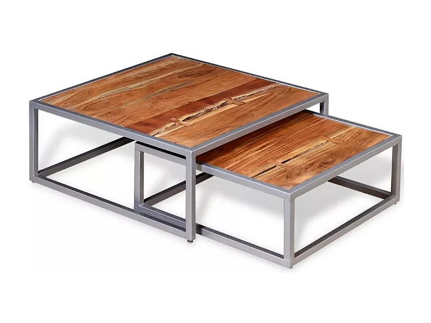 Table basse carrée acacia massif clair et métal gris Babola- Lot de 2