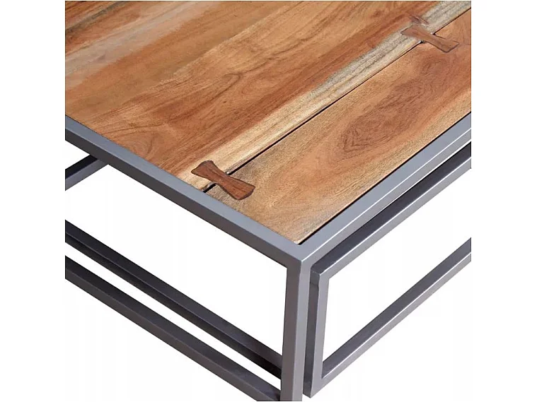 Table basse carrée acacia massif clair et métal gris Babola- Lot de 2