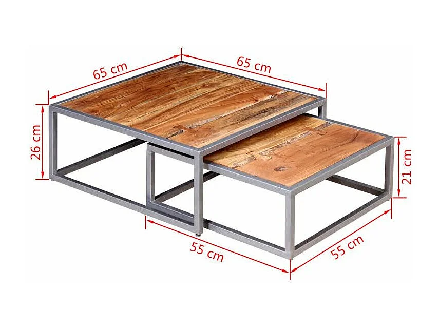 Table basse carrée acacia massif clair et métal gris Babola- Lot de 2