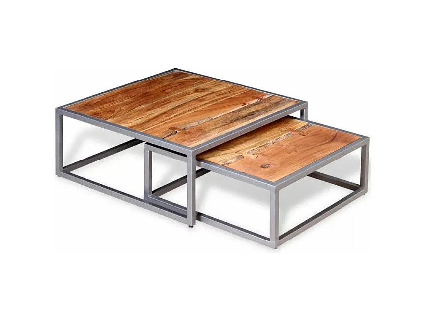 Table basse carrée acacia massif clair et métal gris Babola- Lot de 2