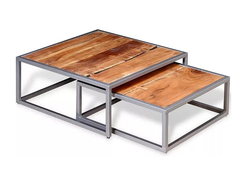 Table basse carrée acacia massif clair et métal gris Babola- Lot de 2