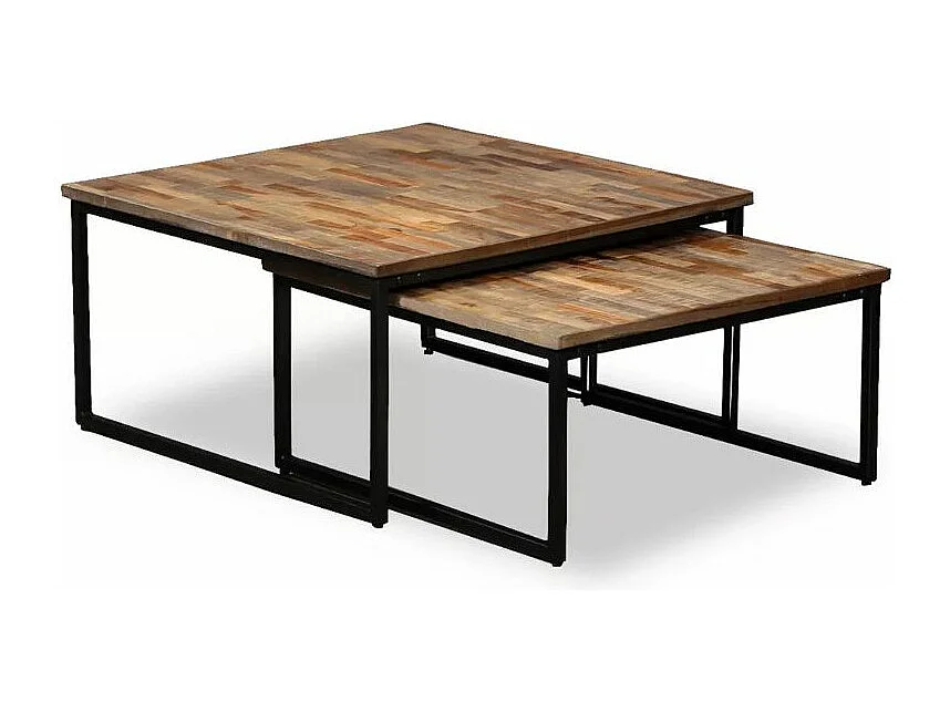 Table basse gigogne teck massif recyclé et métal noir Voust - Lot de 2