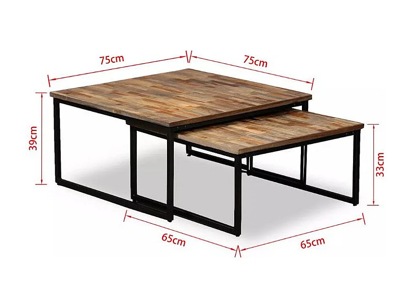 Table basse gigogne teck massif recyclé et métal noir Voust - Lot de 2