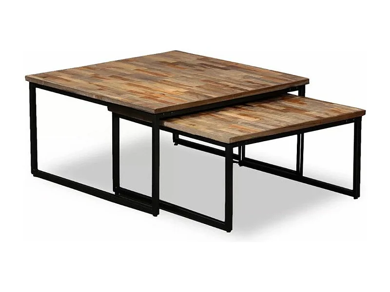 Table basse gigogne teck massif recyclé et métal noir Voust - Lot de 2