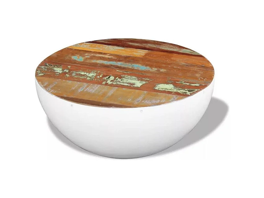 Table basse ronde bois massif recyclé et pieds métal blanc Leh