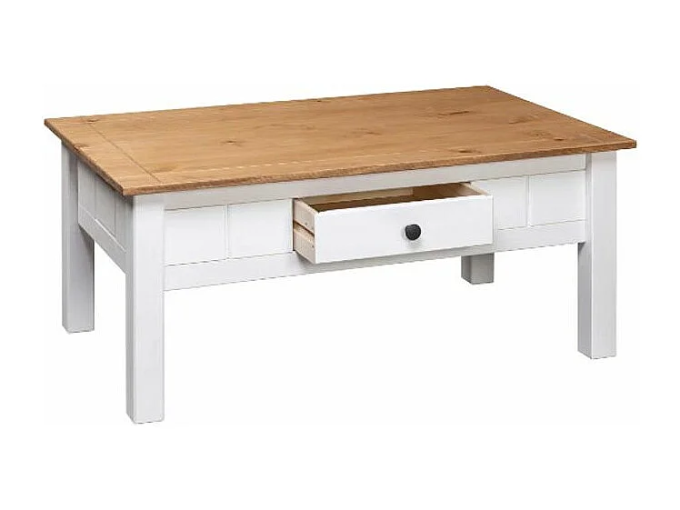 Table basse rectangulaire 1 tiroir pin massif clair et blanc Iris