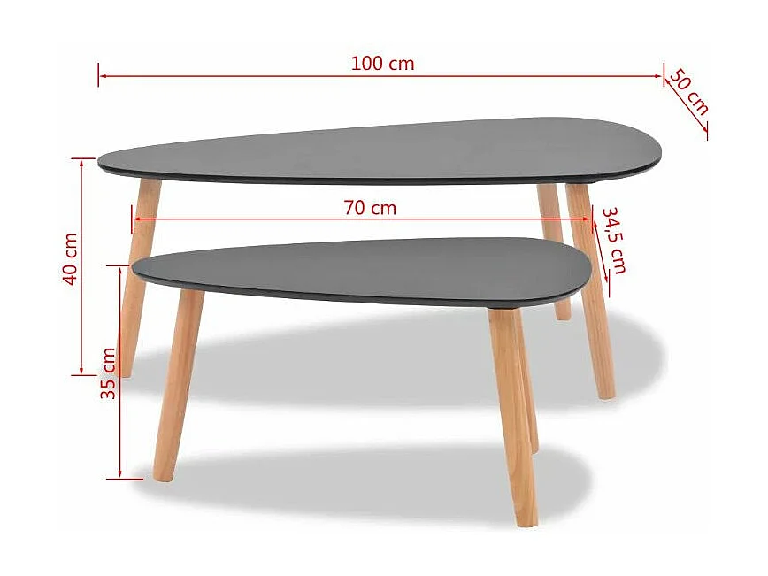 Table basse triangulaire bois noir et pieds pin massif clair Katsa - Lot de 2