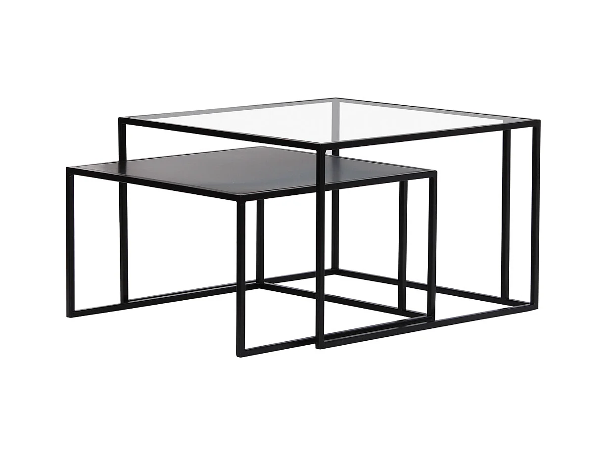 Tables basses gigognes carrées design verre trempé et métal noir (lot de 2) TAHL