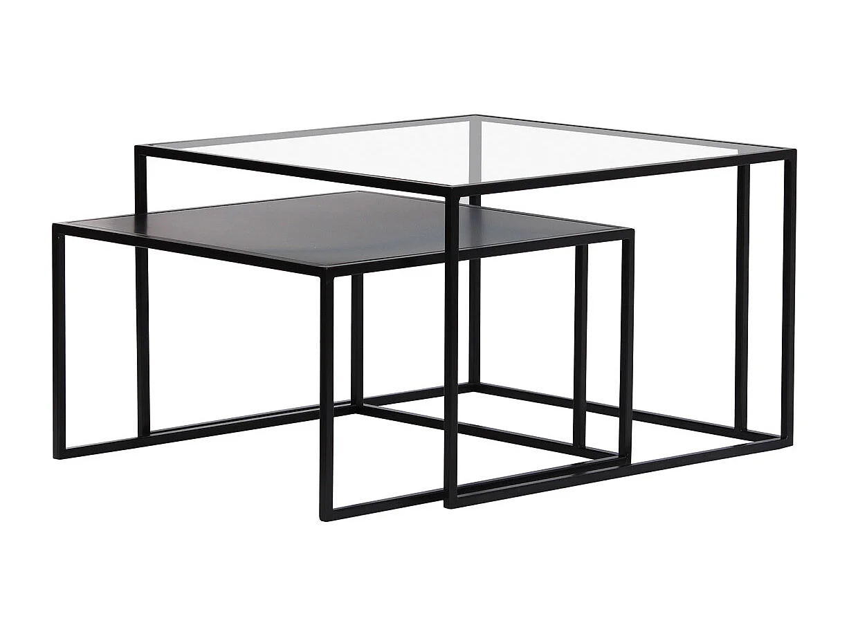 Tables basses gigognes carrées design verre trempé et métal noir (lot de 2) TAHL