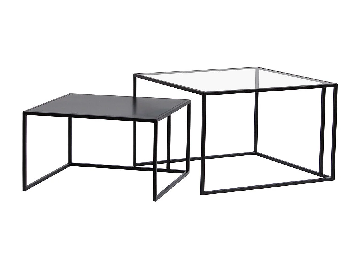 Tables basses gigognes carrées design verre trempé et métal noir (lot de 2) TAHL