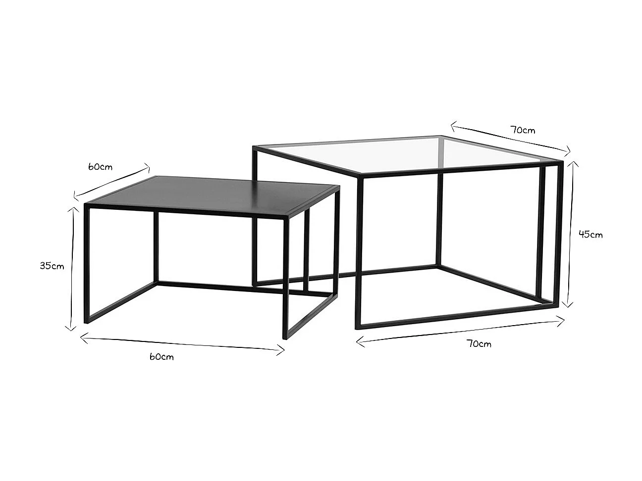 Tables basses gigognes carrées design verre trempé et métal noir (lot de 2) TAHL