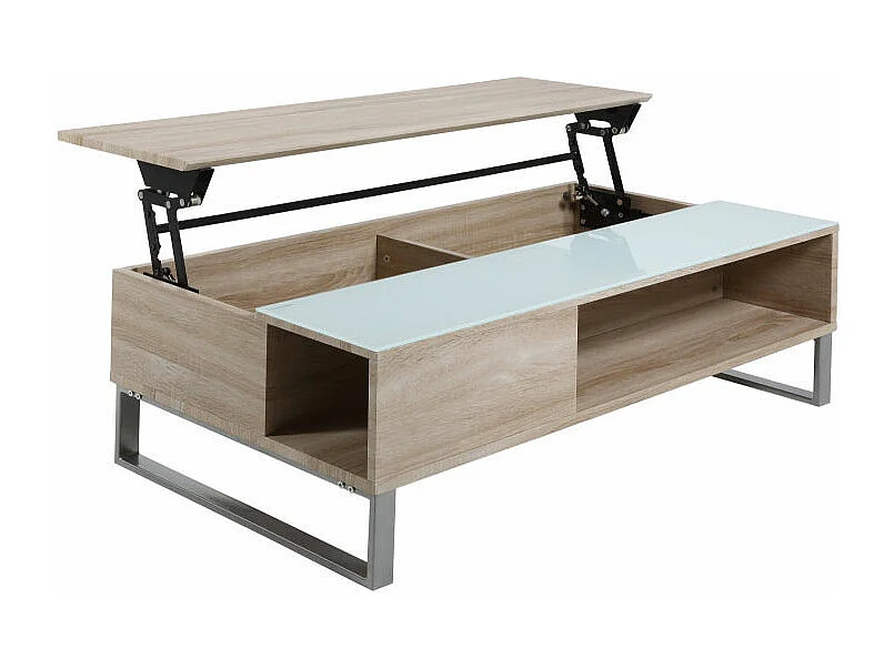 Allan Table de salon avec espace de rangement, en, finition chêne avec plateau en verre blanc et une structure en métal.