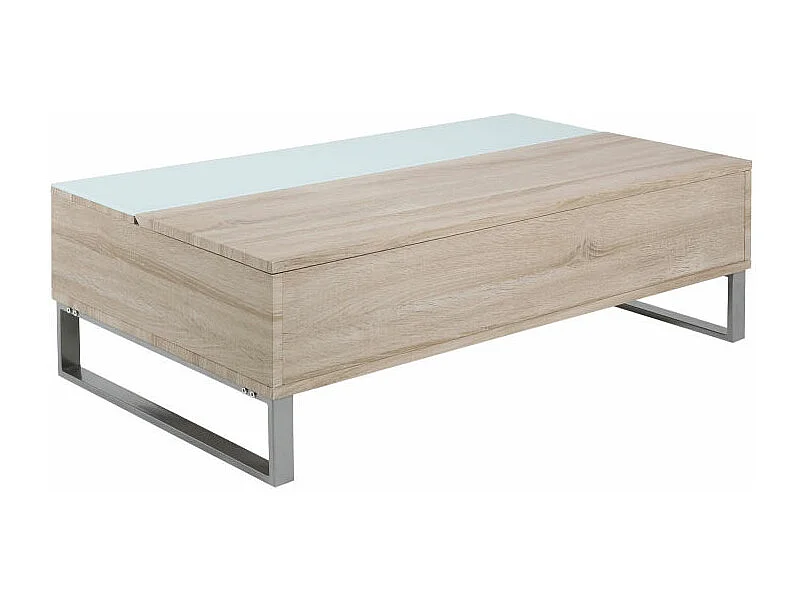 Allan Table de salon avec espace de rangement, en, finition chêne avec plateau en verre blanc et une structure en métal.