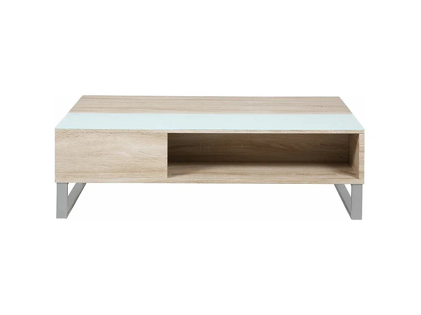 Allan Table de salon avec espace de rangement, en, finition chêne avec plateau en verre blanc et une structure en métal.