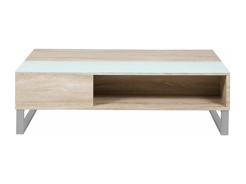 Allan Table de salon avec espace de rangement, en, finition chêne avec plateau en verre blanc et une structure en métal.