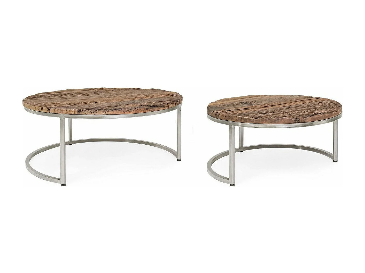 Table basse plateau bois massif recyclé sur pieds acier nickel Likano - Lot de 2