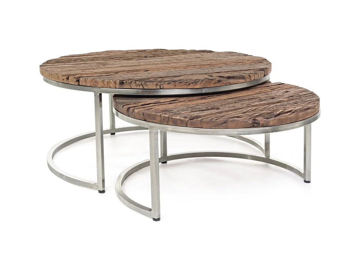 Table basse plateau bois massif recyclé sur pieds acier nickel Likano - Lot de 2