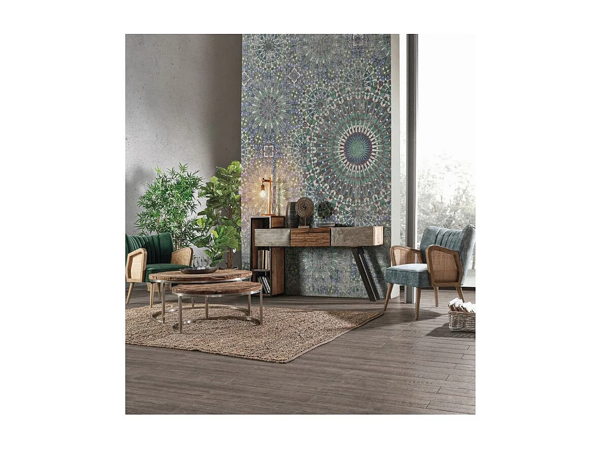 Table basse plateau bois massif recyclé sur pieds acier nickel Likano - Lot de 2