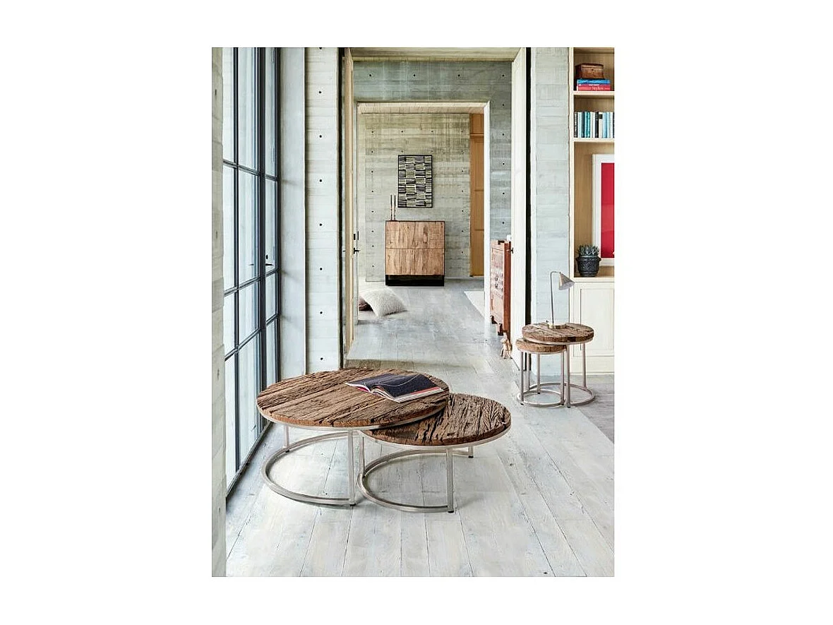 Table basse plateau bois massif recyclé sur pieds acier nickel Likano - Lot de 2